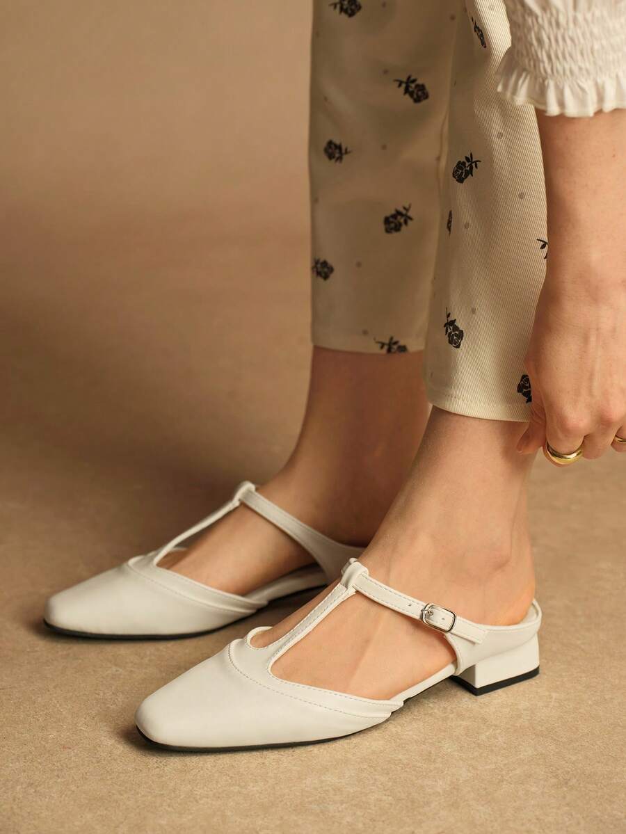 Rosivie Sandalias de mujer tipo Mary Jane de punta cuadrada, nuevas y cómodas, moda versátil de mujer con cierre de botón en T y fácil de poner - Blanco roto - Ver 1