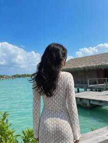 Bonvoyette 白色镂空针织吉祥搭扣镂空喇叭袖网红沙滩罩衫女装 - 白色 - 查看 2