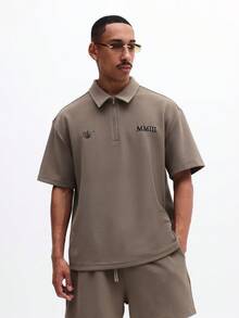 SUMWON Besticktes Poloshirt und Shorts Set mit Viertelreißverschluss und Tunnelzug in der Taille für lässigen Sommertragen - Khaki - Übersicht 3