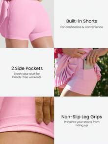 GLOWMODE FeatherFit™-Air 双倍速柔软弹力吸汗褶裥迷你裙，内置短裤侧袋，防滑设计，收腹提臀，露背连体衣，适合低冲击网球、高尔夫、匹克球等运动，日常休闲穿着。 - 粉色 - 查看 5