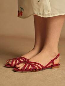 Rosivie 女士户外方头平底PU轻薄面料交叉绑带设计时尚简约舒适透气日常沙滩搭扣鞋 - 玫瑰紅 - 查看 2