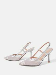 CUCCOO HITCHD 纯色拼接金属装饰简约休闲女式高跟鞋春季鞋款春假复活节舞会高跟鞋 - 銀色 - 查看 10