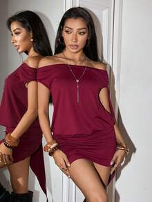 EgrlEra Women's Fashionable Off-Shoulder Wine Red Dress - Burgundy - View 5