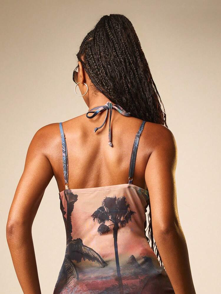 MISSGUIDED Women's Tropical Palm Tree Print Ribbed Halter Neck Mini Dress Summer Bodycon Sleeveless Beach Vacation Party Dress