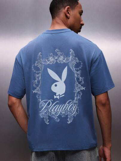 PLAYBOY X SUMWON Men's Blue Short Sleeve Crew Neck Graphic Tee With Bunny Logo And Ornate Floral Design Regular Fit Cotton T-Shirt