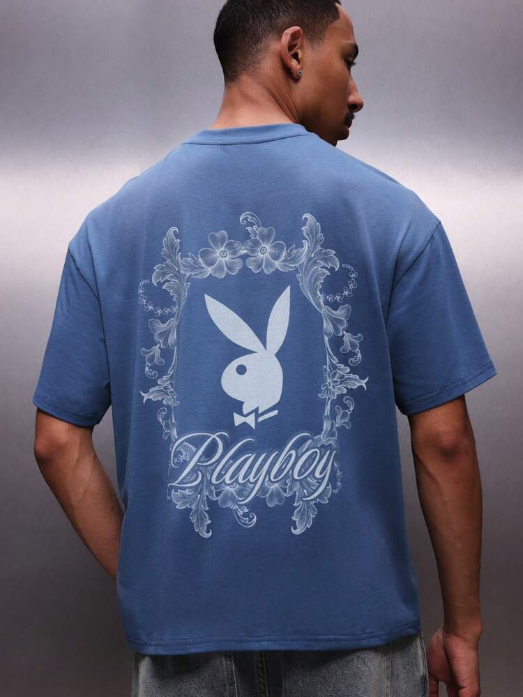PLAYBOY X SUMWON Men's Blue Short Sleeve Crew Neck Graphic Tee With Bunny Logo And Ornate Floral Design Regular Fit Cotton T-Shirt