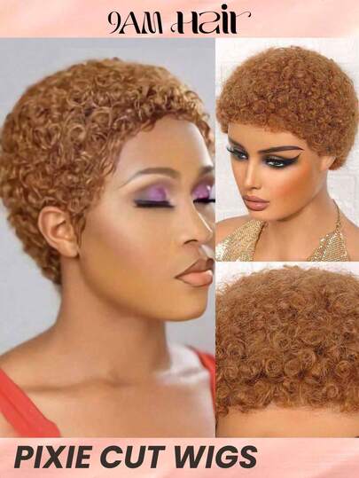 短非洲捲曲精靈剪人髮假髮真正實惠的頭髮替換假髮廉價日常使用假髮適合初學者適合佩戴橙色