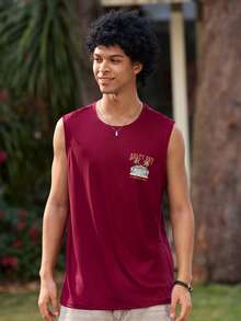 Open Phase Coastal | 男士轻薄夏季度假棕榈树字母印花圆领休闲背心 - 酒紅色 - 查看 3