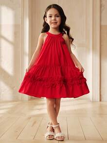 SHEIN 女童红色无袖连衣裙，饰有3D立体花朵和荷叶边下摆，优雅甜美可爱，尽显淑女气质，适合派对、公主裙等场合，夏季穿着。 - 紅色 - 查看 3