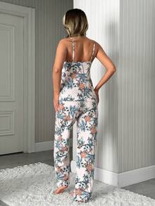 女士加大码大碎花图案两件套吊带睡衣上衣+荷叶边滚边缎带细节长睡裤舒适家居睡衣套装 - 彩色 - 查看 2