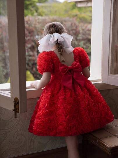 SHEIN Young Girl 3D Rose Flower Bow Decor Dress Sleeveless Solid Color Pearls Neck A-Line Dress, Red Color, Cute & Elegant & Sweet & Fashionable, For Party Wear & Holidays & Birthdays, Matching Family Vacation, Ramandan Style Matching Family Vacation, Mom And Daughter & Sisters Matching. Red Ball Gown For Girls, Little Girls Puffy Dress, Girls Red Dress With Bow, Red Dress For Girls Easter, Little Girl Red Funeral Dress