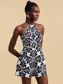 Travachic Women's Vacation Casual All-Over Print Halter Romper - Black and White - View 7