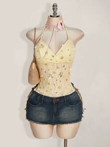 SHEIN ICON 2026新款女士度假休闲蕾丝亮片装饰露背吊带上衣，夏季可爱女士上衣，夏季束身胸衣，带肩带束身衣，女士上衣 - 淡黃色 - 查看 8