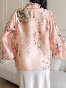 DAZY 女士高领宽松灯笼袖修身优雅印花衬衫 - 粉色 - 查看 4