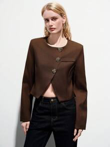 Aveloria Modichic Deep Brown Cropped Blazer With Asymmetrical Curved Hem, Round Neck, Structural Metal Button Design, Minimalist Modern Elegant Commuter Versatile - Coffee Brown - View 4