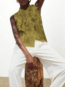 Aveloria Modichic Elegant Romantic Versatile French Style Sleeveless Shirt For Women, White Textured Crinkle Sheer Multi-Layer Ruffle Collar Design - Olive Green - View 5