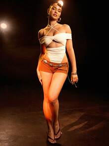 Hauture Women's Sexy Hollow Out Halter Neck Tie Back Ruched Bodycon Bodysuit - Khaki - View 4