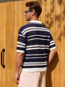 Manfinity CityGents Men's Vacation Casual Striped Short Sleeve Hollow-Out Knit Top - Multicolor - View 4