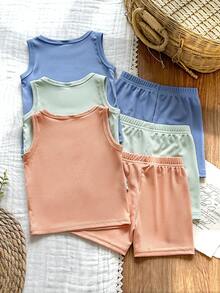 SHEIN Vintaside Kids Bộ quần áo mùa hè 6 món cho bé trai, gồm 3 màu: đen, trắng, áo vest kẻ sọc và quần short, thoải mái, giản dị, đa năng, phù hợp mặc hàng ngày. - Nhiều màu - Xem 2