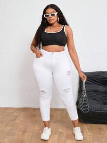 SHEIN EZwear Plus Size Women Casual Distressed Button Fly Denim Jeans, Versatile For Daily Wear - White - View 5