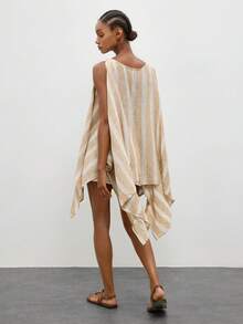 Maija Women's Striped Shawl Top With Split Cuffs, Beaded Decor, Elastic Waist Shorts With Drawstring, 2 Pieces Set, Autumn Elegant Casual Beach Khaki - Khaki - View 3