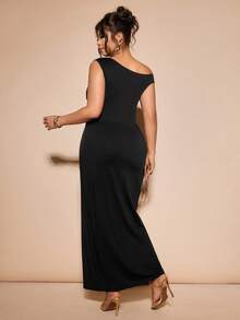 Cravure Plus Size Women's Black Summer Elegant Dinner Asymmetrical Shoulder Waist Cinched Bodycon Party Dress,Heart Decor Formal Evening Gown Zanzea Dress - Black - View 2