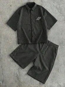 AXEPEAK Men's Summer Casual Striped Shirt And Shorts Set - Black - View 1