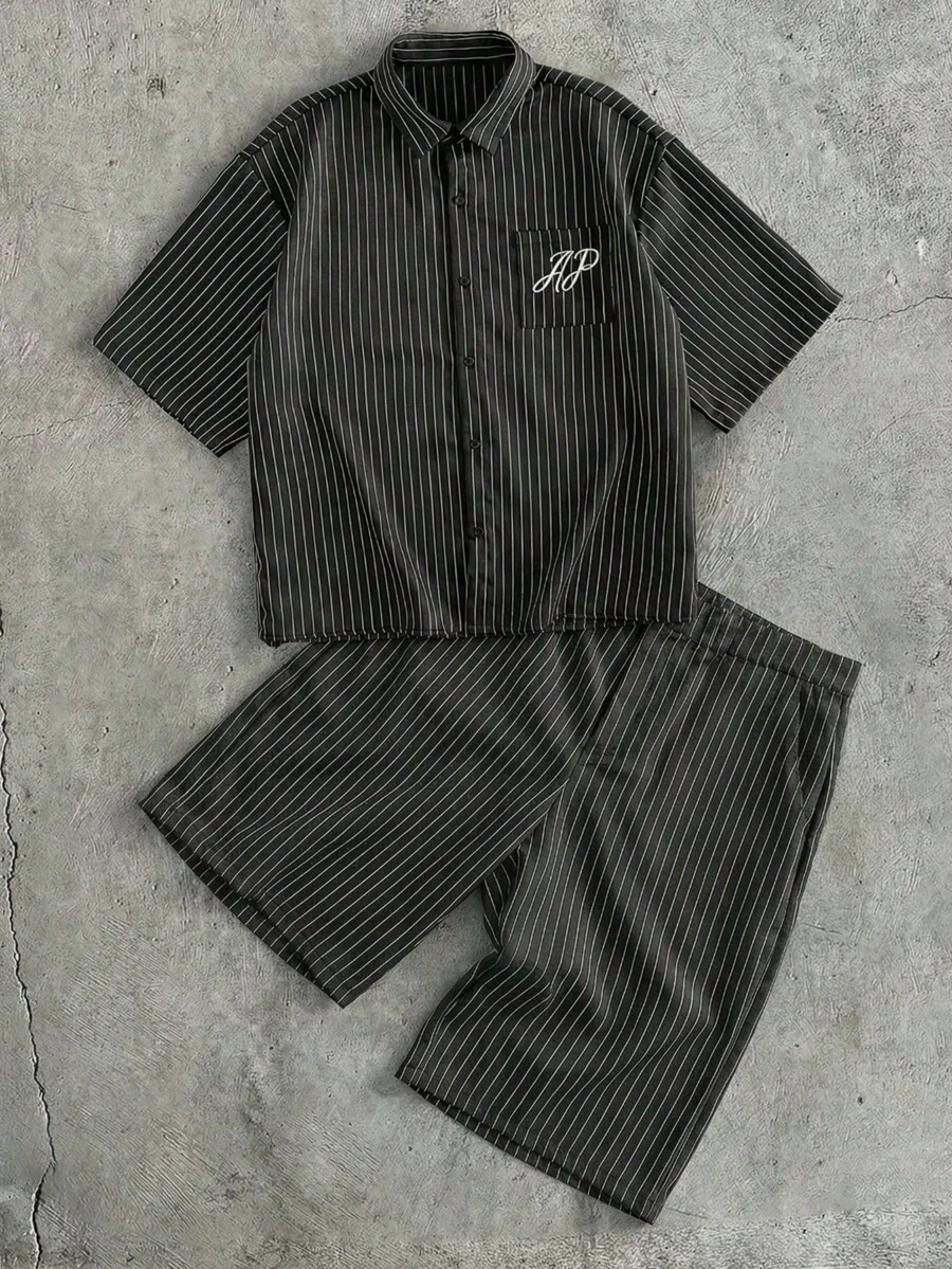 AXEPEAK Men's Summer Casual Striped Shirt And Shorts Set - Black - View 1
