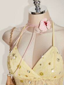 SHEIN ICON 2026新款女士度假休闲蕾丝亮片装饰露背吊带上衣，夏季可爱女士上衣，夏季束身胸衣，带肩带束身衣，女士上衣 - 淡黃色 - 查看 7