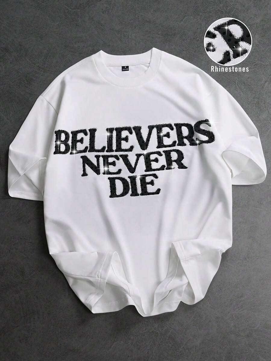 SLATEMANN Men's Casual Letter Print Rhinestone Embellished Short Sleeve T-Shirt, Summer - White - View 1