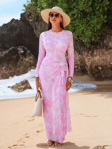 Swim Shayni Women's 3-Piece Set: Pink Floral Print Long Sleeve Half-Zip Jumpsuit, Pale Pink Pants, And Mesh Maxi Skirt Burkini - Multicolor - View 3