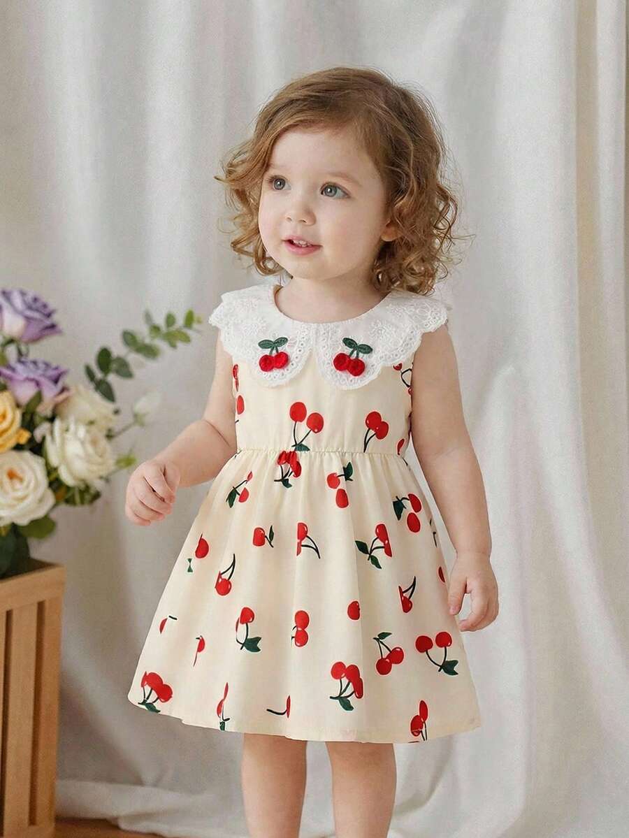 Vintaside Kids 1件女婴夏季新款樱桃印花刺绣领3D樱桃装饰纽扣后背休闲公主裙，乡村可爱百搭款 - 杏色 - 查看 1