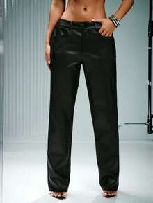 Denimoi 拉链细节直筒仿皮裤，适合闺蜜约会之夜、音乐会等场合，吸睛下装 - 黑色 - 查看 3