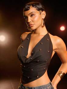 Hauture Women's Sexy Cowl Halter Neck Backless Top With Gold Metal Decor For Festival - Black - View 5