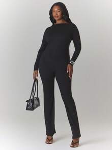 MUSERA Plus Size Off Shoulder Fitted Flared Long Sleeve Jumpsuit Sexy Elegant Date Night Spring Summer Vacation Evening Holiday - Black - View 1