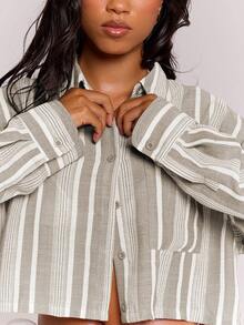 MUSERA Textured Linen Stripe Button Shirt Co-Ord Top Only Spring Summer Beachwear Holiday Vacation Cute Casual - Multicolor - View 2