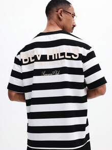 SUMWON Herren gestreiftes T-Shirt und Shorts Co-Ord Set, lässiger Sommer Zweiteiler, horizontale Streifen, Rundhalsausschnitt, Kurzarm, Regular Fit, Schwarz Weiß - Schwarz und Weiss - Übersicht 5