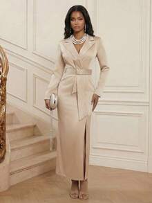 Playroots 女士纯色缺角领开衩设计优雅收腰连衣裙，适合通勤和外出穿着。 - 杏色 - 查看 1