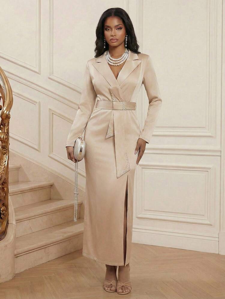 Women's Solid Color Notched Collar Split Design Elegant Waist Cinched Dress, Suitable For Commuting And Outings