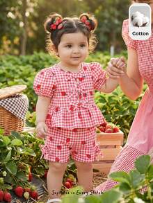 Cozy Pixies 2pcs Baby Girl Strawberry Pattern Round Neck Puff Sleeve Cardigan Shirt And Elastic Waist Pants Set Toddler Checkered Outfit Cotton Clothing For Baby Girls Strawberry Toddler Outfit Baby Girl Cotton Outfit Baby Girl Checkered Outfit - Multicolor - View 1