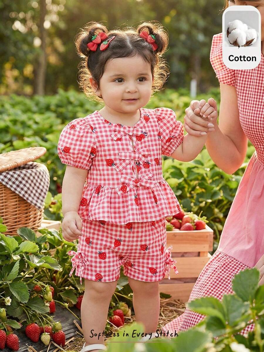 Cozy Pixies 2pcs Baby Girl Strawberry Pattern Round Neck Puff Sleeve Cardigan Shirt And Elastic Waist Pants Set Toddler Checkered Outfit Cotton Clothing For Baby Girls Strawberry Toddler Outfit Baby Girl Cotton Outfit Baby Girl Checkered Outfit - Multicolor - View 1