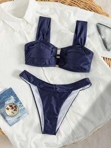 Swim Chiccia Ensemble de maillot de bain élégant et digne de la dernière mode pour femmes, avec décoration métallique, pantalon minimaliste sexy à larges bretelles ajourées, convenant pour les vacances à la plage au printemps, en été et en automne. Ensemble de maillot de bain deux pièces pour femmes, bikinis deux pièces pour femmes - Bleu marine - Voir 2