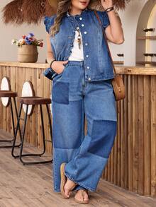 EMERY ROSE Plus Size Women Casual Loose Comfortable Mid-Blue Denim Sleeveless Jacket - Medium Wash - View 5