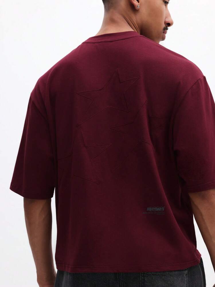 Męska koszulka z nadrukiem Star Graphic, okrągły dekolt, krótki rękaw, swobodny, miejski t-shirt z bawełny, regularny krój, bordowy, bordowy, jesienno-zimowy