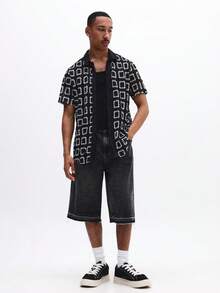 SUMWON 男士几何圆形图案短袖衬衫，夏季休闲款 - 黑色 - 查看 3