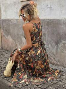 Brillora 女士度假休闲热带印花露背上衣和高开衩裙两件套 - 黃色 - 查看 2