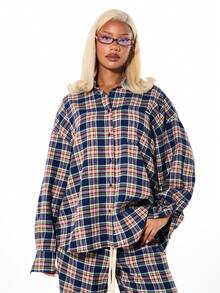 SUMWON WOMEN Women's Oversized Plaid Flannel Button Down Shirt With Long Sleeves And Collared Neckline For Casual Fall Winter Layering - Blue - View 1