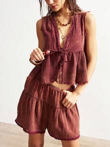 Bohemela Bộ đồ nữ thường ngày gồm áo hai dây màu trơn dệt kim, kiểu dáng hở phía trước và quần short rộng viền ren, thích hợp cho kỳ nghỉ hè, đi biển, đi chơi, bộ đồ thường ngày cho nữ. - Bụi hồng - Xem 5