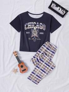Tween Boy Letter Print Crew Neck Short Sleeve Top And Plaid Pants Pajama Set - Navy Blue - View 4