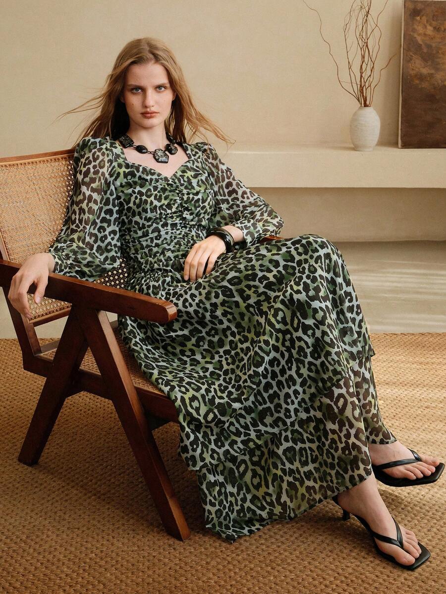 Aveloria Modichic 女士优雅约会连衣裙，采用褶皱腰身、泡泡袖和A字裙摆设计 - 綠色 - 查看 1